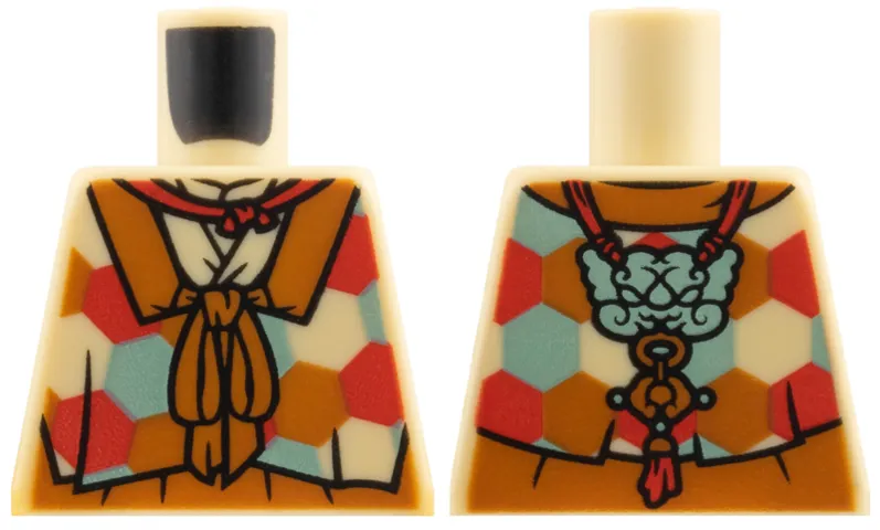 Torso Dark Orange Collar and Bow, Red and Sand Green Hexagons Pattern