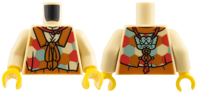 Torso Dark Orange Collar and Bow, Red and Sand Green Hexagons Pattern / Tan Arms / Yellow Hands