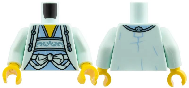 Torso Jacket over Bright Light Blue Shirt, Metallic Light Blue Drawstrings, Filigree, and Edges Pattern / Light Aqua Arms / Yellow Hands