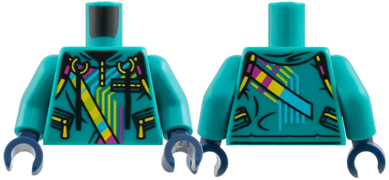 Torso Hoodie, Yellow Zippers, Lime, Magenta, and Medium Azure Stripes Pattern / Dark Turquoise Arms / Dark Blue Hands