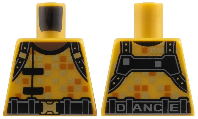 Torso Umber Neck, Black Suspenders and Belt, Gold and Dark Orange Squares, Dark Bluish Gray 'DANCE' on Back Pattern