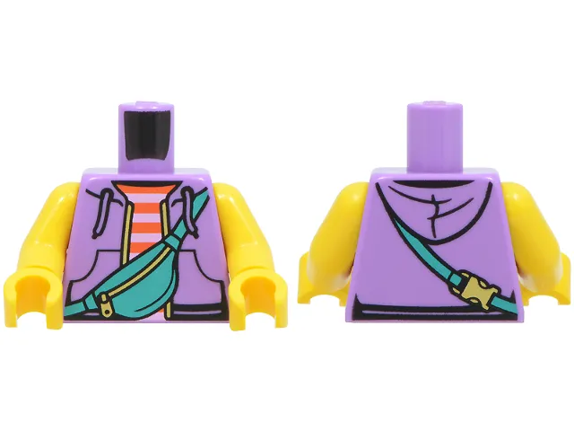 Torso Hoodie Open with Drawstrings, Pockets and Gold Zipper, Reddish Orange and Bright Pink Striped Shirt, Dark Turquoise Shoulder Bag Pattern / Yellow Arms / Yellow Hands (BAM)