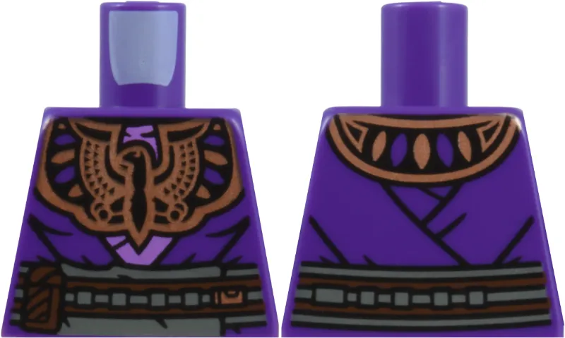 Torso Robe over Medium Lavender Shirt, Copper Winged Scarab Chest Emblem and Collar with Oval Insets, Black Folds, Reddish Brown Rope Belt and Pouches, Dark Bluish Gray Apron Pattern