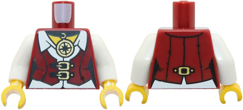 Torso Female Pirate Vest Closed over White Shirt, Gold Buckles and Compass Necklace, Yellow Neck Pattern / White Arms / Yellow Hands