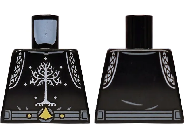 Torso Armor with Silver Hem, Stars and Tree with Roots (White Tree of Gondor), Dark Bluish Gray Belt with Rivets and Gold Buckle Emblem Pattern