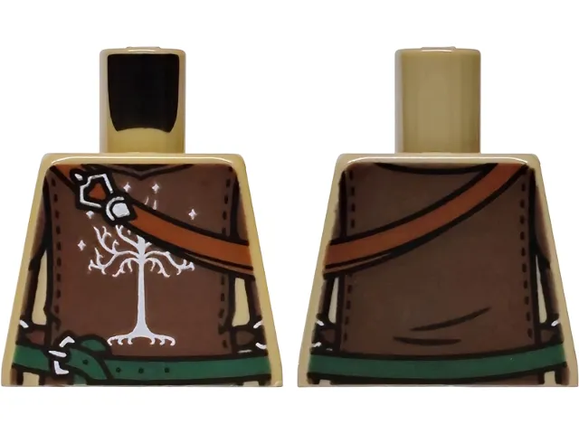 Torso Leather Armor with Reddish Brown Panels, Silver Stars and Tree with Roots (White Tree of Gondor), Dark Orange Strap and Dark Green Belt with Buckles Pattern