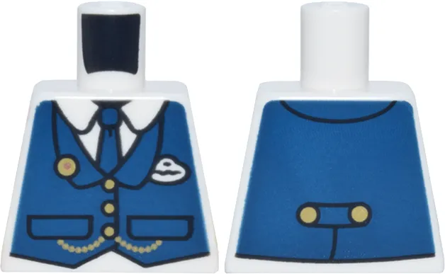 Torso Dark Blue Vest and Tie, White Badge, Gold Pin, Buttons and Chain over Shirt with Collar Pattern