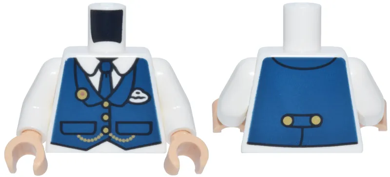 Torso Dark Blue Vest and Tie, White Badge, Gold Pin, Buttons and Chain over Shirt with Collar Pattern / White Arms / Medium Tan Hands