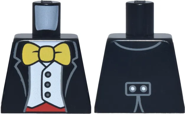 Torso Tuxedo Jacket Open over White Vest with Dark Bluish Gray Buttons, Red Cummerbund, Large Yellow Bow Tie Pattern