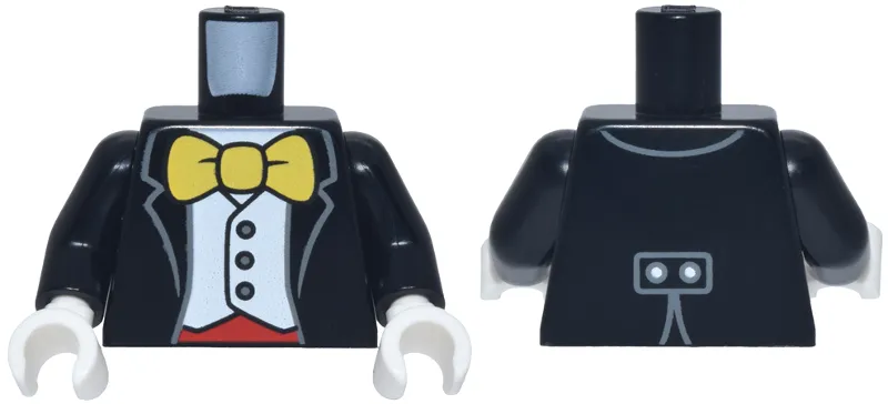 Torso Tuxedo Jacket Open over White Vest with Dark Bluish Gray Buttons, Red Cummerbund, Large Yellow Bow Tie Pattern / Black Arms / White Hands