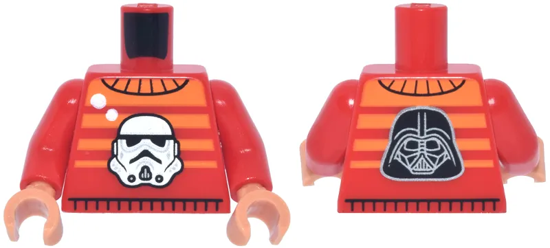 Torso Sweater with Orange Stripes and White Star Wars Stormtrooper Helmet, Black and Silver Darth Vader on Back Pattern / Red Arms / Nougat Hands