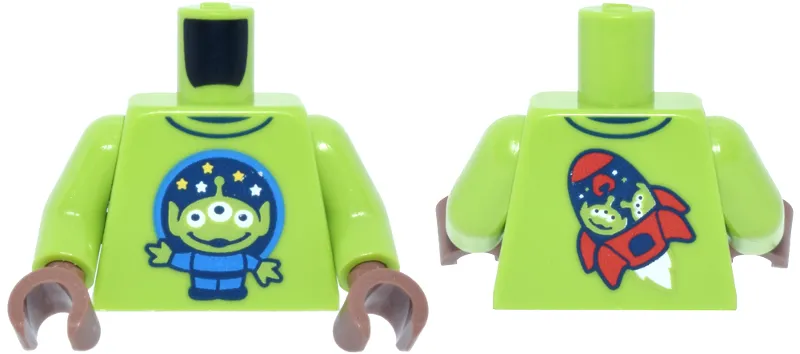 Torso Shirt with Dark Blue Trim and Dark Azure Circle, Stars and Toy Story Alien, Red Rocket on Back Pattern / Lime Arms / Medium Brown Hands