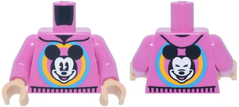 Torso Sweater with Hood and Black Trim, Dark Azure and Bright Light Orange Circles and Mickey Mouse Pattern / Dark Pink Arms / Medium Tan Hands