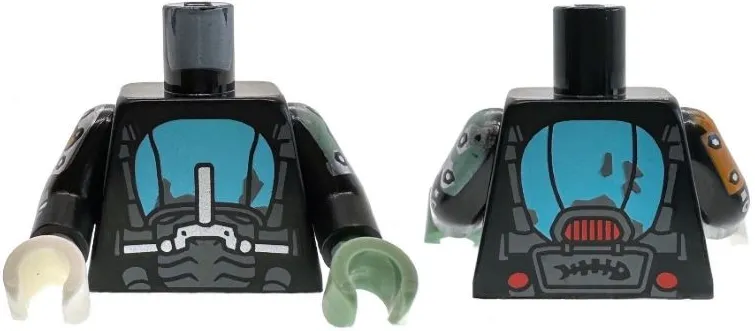 Torso Dark Bluish Gray Tire and Mechanical Frame, Silver Handlebars, Medium Azure Mudguard, Fish Bones and Red Taillights on Back Pattern / Black Arms with Silver Armor and Bolts Pattern / Sand Green Hand Left / White Hand Right