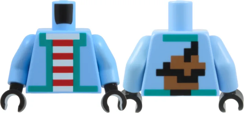 Torso Pixelated Jacket with Dark Turquoise Hem Over Red and White Striped Shirt, Medium Brown and Black Backpack on Back Pattern / Bright Light Blue Arms / Black Hands