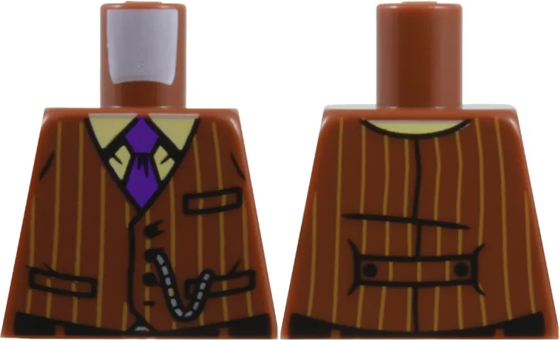 Torso Pinstripe Suit Jacket with Medium Nougat Lines, Tan Shirt, Dark Purple Tie, Silver Chain, Black Pockets, Buttons, and Creases Pattern