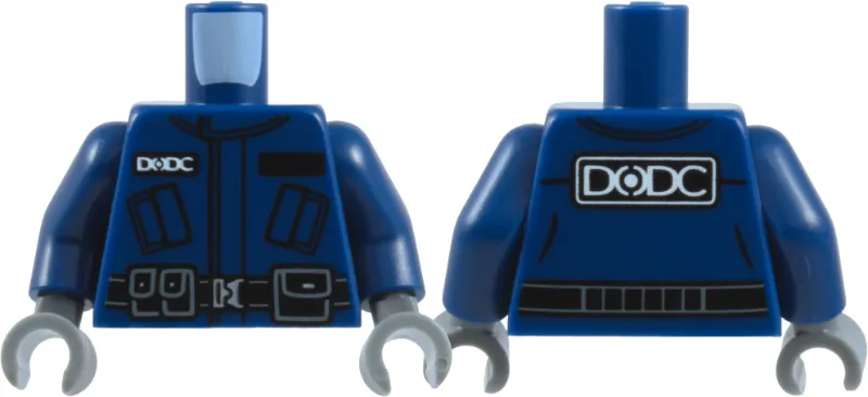 Torso Jacket with Pockets, Panel, Collar, and Creases, White 'DODC', Black Belt with Silver Buckle, Pouches with Dark Bluish Gray Outlines Pattern / Dark Blue Arms / Dark Bluish Gray Hands