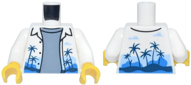 Torso Hawaiian Shirt Open with Dark Blue Palm Trees over Sand Blue Shirt Pattern / White Arms / Yellow Hands