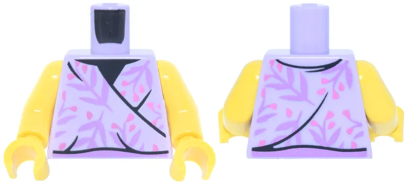 Torso Sleeveless Wrap Top, Black Trim, Medium Lavender Leaves and Coral Flowers Pattern / Yellow Arms / Yellow Hands