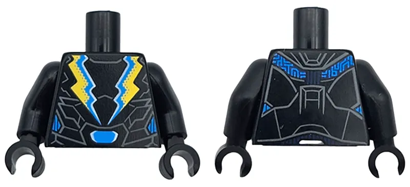 Torso Super Hero Costume with Dark Bluish Gray Armor Details, Dark Azure and Yellow Lightning Bolts, Belt with Buckle Pattern / Black Arms / Black Hands