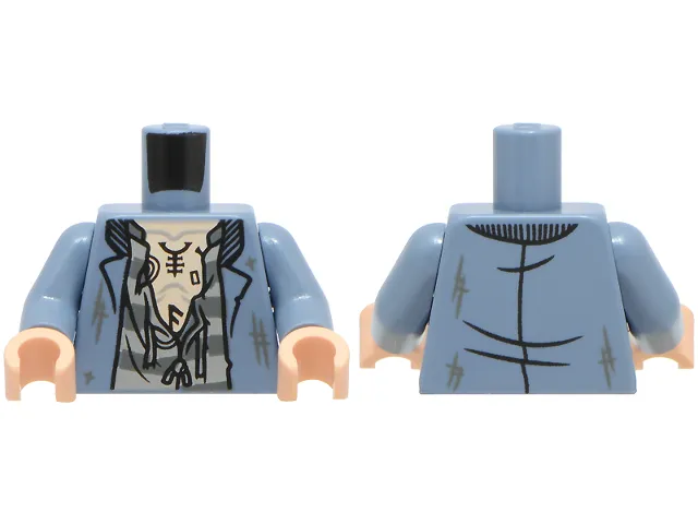 Torso Jacket Open with Scuff Marks, Tattered Light Bluish Gray and Dark Bluish Gray Striped Shirt, Light Nougat Chest with Tattoos Pattern / Sand Blue Arms / Light Nougat Hands