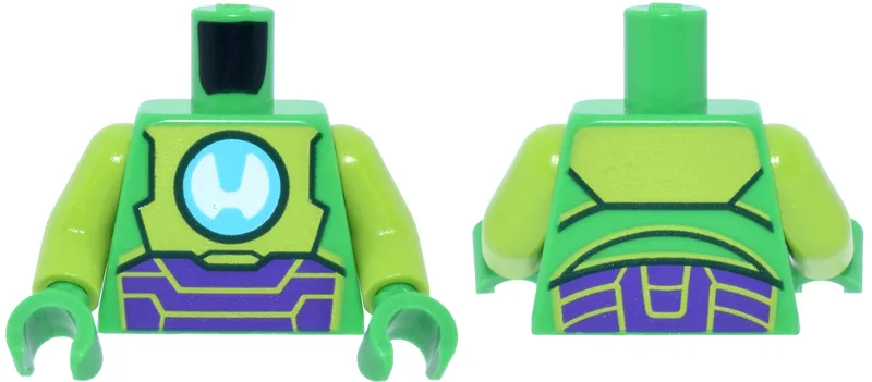 Torso Lime and Dark Purple Armor, Medium Azure and White Stylized Letter H in Circle Arc Reactor Pattern / Lime Arms / Bright Green Hands