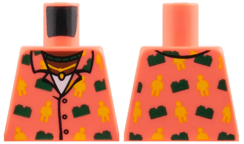 Torso Hawaiian Aloha Shirt, Reddish Brown Neck, Dark Green Bricks, Yellow Minifigs Pattern