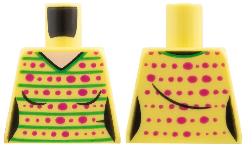 Torso Female V-Neck Sweater with Magenta Spots and Bright Green Lines, Light Nougat Neck Pattern