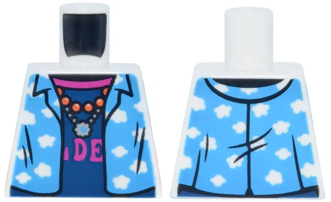 Torso Dark Azure Shirt, Open with Clouds over Dark Blue T-Shirt, Magenta Letters DE and Silver Necklace Pattern
