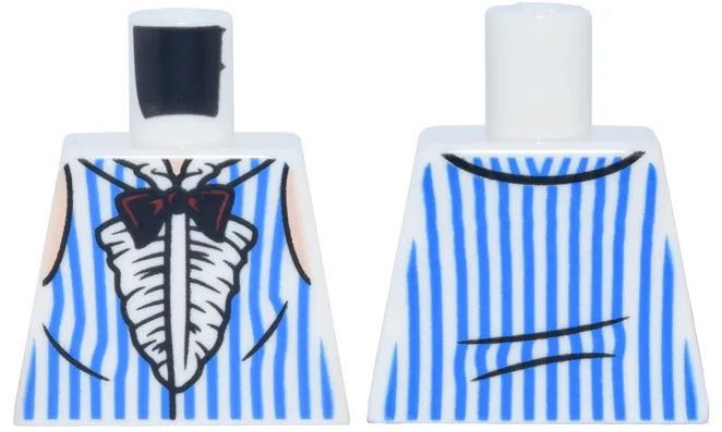 Torso Vest with Blue and White Vertical Stripes, Tuxedo Ruffles, Dark Red and Black Bow Tie Pattern