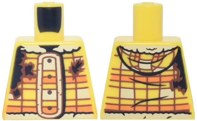 Torso Jacket with Hood, Oblong Button Panel, Orange Stripes, Bright Light Yellow Fur Collar, Black and Reddish Brown Rip and Tears Pattern