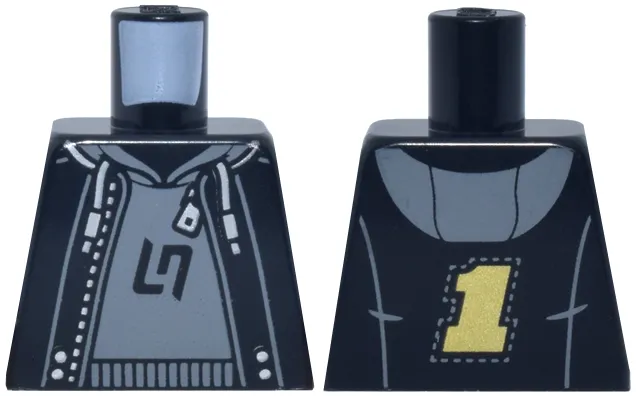 Torso Jacket Open with Silver Zipper and Gold Number 1 over Dark Bluish Gray Hoodie with LN Racing Kart Logo Pattern
