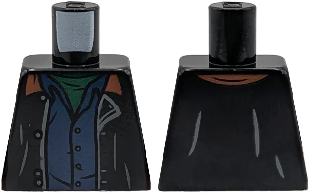 Torso Jacket Open with Reddish Brown Collar over Dark Blue Shirt with Buttons and Dark Green Undershirt Pattern