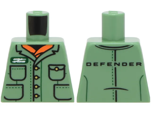 Torso Jacket with Pockets, Gold Buttons, Dark Green and White Land Rover Logo, Orange Shirt, Black 'DEFENDER' on Back Pattern