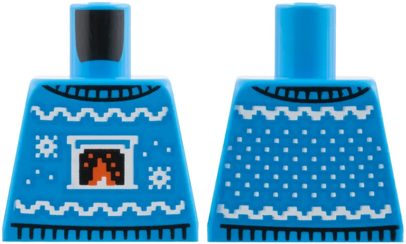 Torso Christmas Sweater, White Waves and Snowflakes, Fireplace with Red Fire Pattern