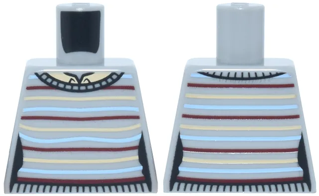Torso Female Sweater with Dark Red, Tan and Bright Light Blue Horizontal Stripes and Black Ribbing over Tan Shirt with Collar Pattern