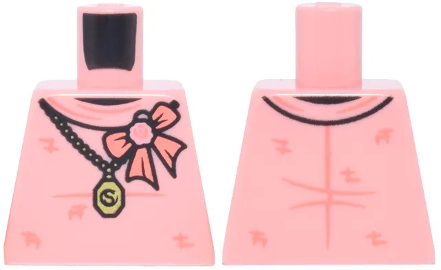 Torso Blouse with Coral Crosshatch and Bow with Flower, Black and Gold Chain and Locket with Letter S Pattern