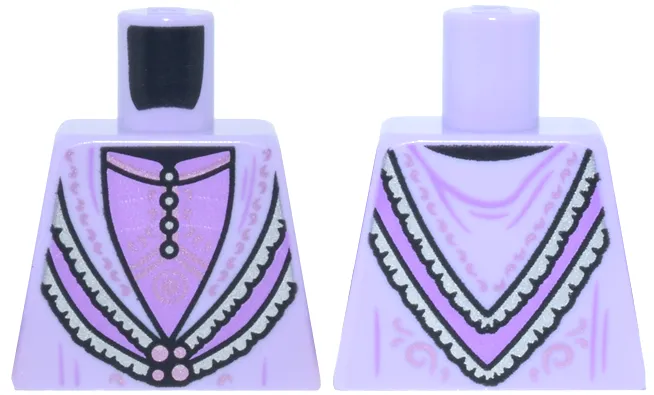 Torso Robe with Silver Trim Layers, Metallic Pink Clasp and Swirls over Medium Lavender Top with Buttons Pattern