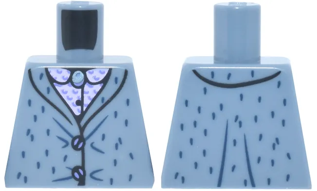 Torso Jacket with Black Trim, Dark Blue Spots, Blue Violet Buttons over Bright Pink Shirt with Swirls and Metallic Light Blue Button Pattern