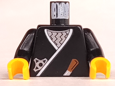 Torso Castle Ninja Wrap, Brown Dagger, Silver Star, Silver Zigzags Pattern / Black Arms / Yellow Hands