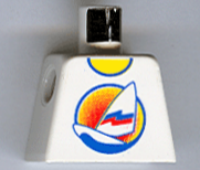 Torso Shirt with Long Surfboard with Sail on Blue Water in Circle Sunset Logo, Yellow Neck Pattern