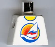Torso Shirt with Long Surfboard with Sail on Blue Water in Circle Sunset Logo, Yellow Neck Pattern