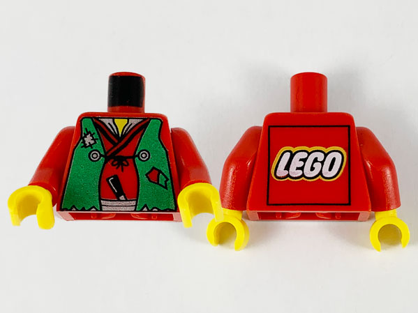 Torso Castle Ninja Vest Green Tattered Pattern (Robber) - LEGO Logo on Back / Red Arms / Yellow Hands