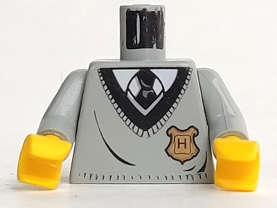 Torso V-Neck Sweater with Black Collar and Gold Hogwarts Crest over White Shirt, Tie Pattern / Light Gray Arms / Yellow Hands