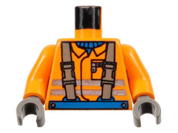 Torso Town Construction Brown Suspenders, Shirt, Safety Stripes Pattern / Orange Arms / Dark Gray Hands