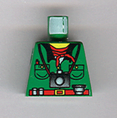 Torso Shirt with Buttons, Pockets, and Black Collar over White Undershirt, Red Belt with Buckle, Neckerchief, Pen, Camera, Lens, Film Canisters, Yellow Neck Pattern