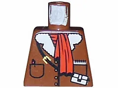 Torso Jacket with Buttons, Pockets, and White Fur Collar, Black Strap with Pouch and Yellow Buckle, Red Scarf, Pen, Notepad Pattern