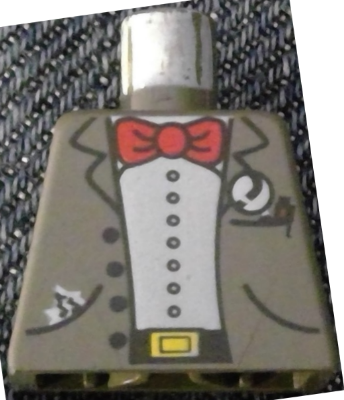 Torso Jacket Open with Buttons and Pockets over White Shirt, Black Belt with Yellow Buckle, Red Bow Tie, Handkerchief, Magnifying Glass, Pen Pattern