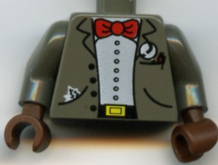 Torso Jacket Open with Buttons and Pockets over White Shirt, Black Belt with Yellow Buckle, Red Bow Tie, Handkerchief, Magnifying Glass, Pen Pattern / Dark Gray Arms / Brown Hands