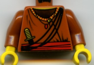 Torso Shirt with Button and Striped Collar over Black Undershirt, Red Sash, Pendant Necklace, Ropes, Dagger, Yellow Neck Pattern / Dark Orange Arms / Yellow Hands